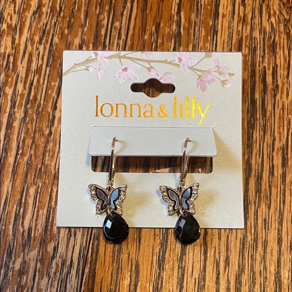 Lonna & Lilly Silver Butterfly Earrings with Black Gem